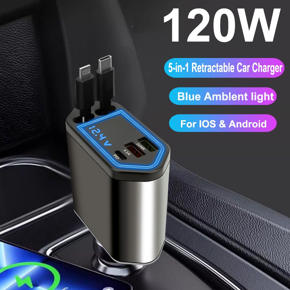 Charge Smart. Drive Far. Retract & Go! Stay powered on the road with our compact, retractable 120V car charger—your travel tech essential.