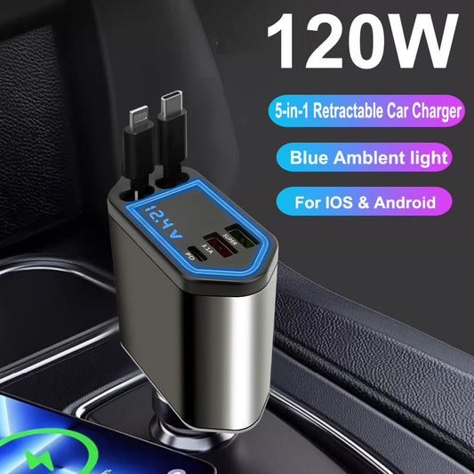 Charge Smart. Drive Far. Retract & Go! Stay powered on the road with our compact, retractable 120V car charger—your travel tech essential.